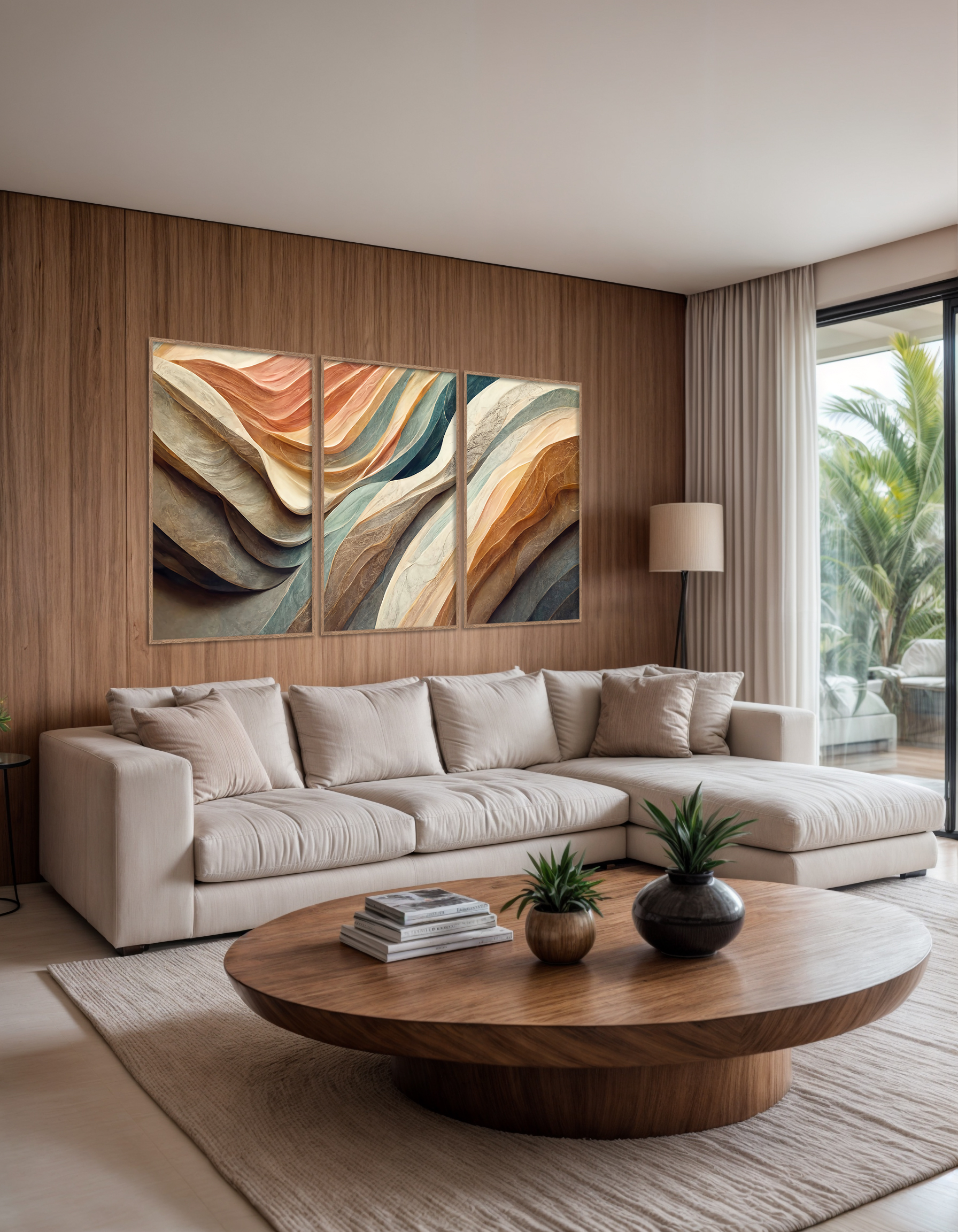 Sala com sofá bege e tríptico de árvore dourada