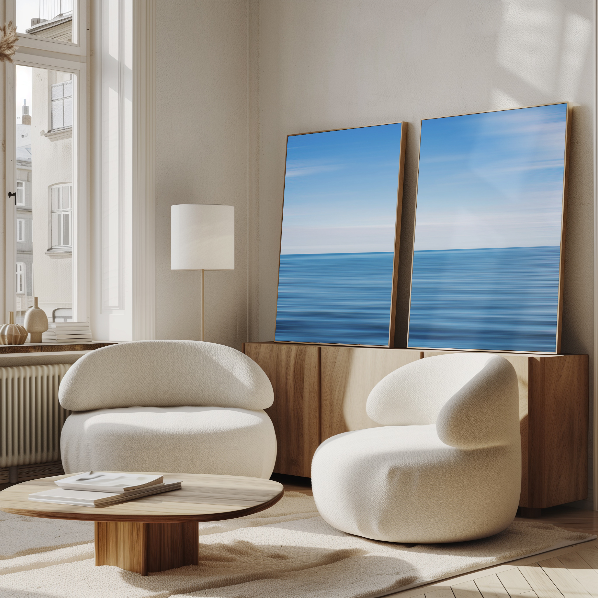 Ambiente moderno com poltronas brancas e quadros do mar